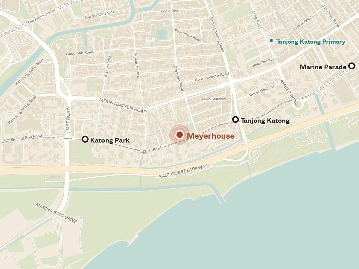 Map of the area around Meyerhouse, with nearby MRT stations and primary schools