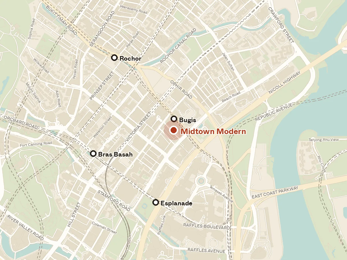 Map of the area around Midtown Modern, with nearby MRT stations and primary schools
