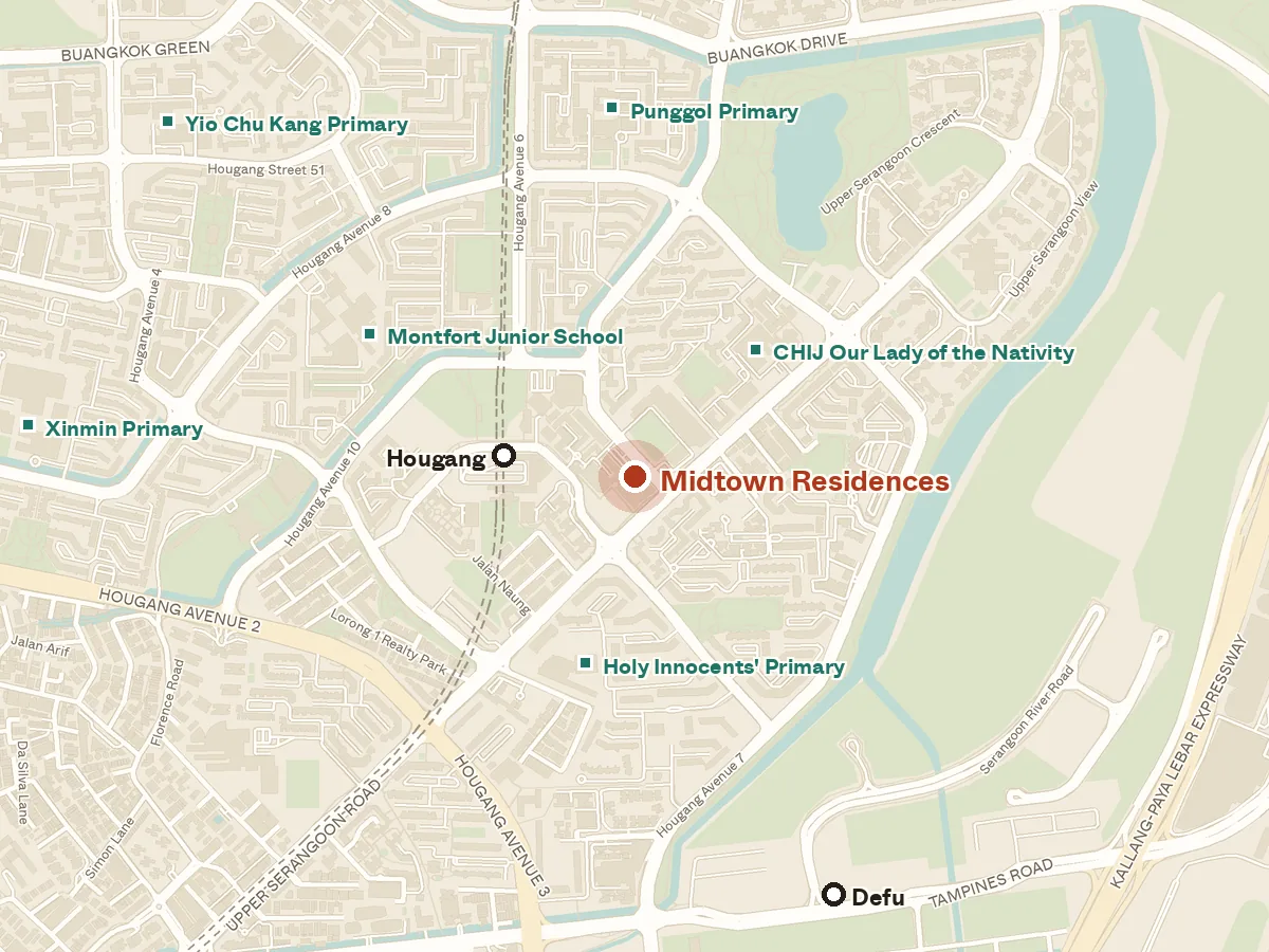 Map of the area around Midtown Residences, with nearby MRT stations and primary schools