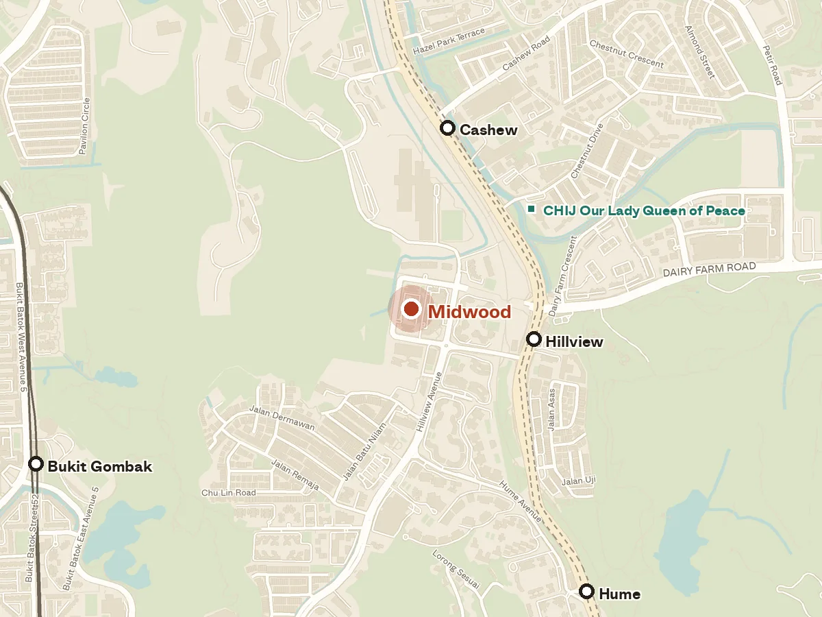 Map of the area around Midwood, with nearby MRT stations and primary schools