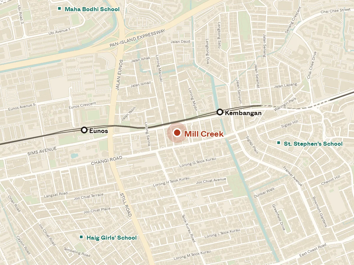 Map of the area around Mill Creek, with nearby MRT stations and primary schools