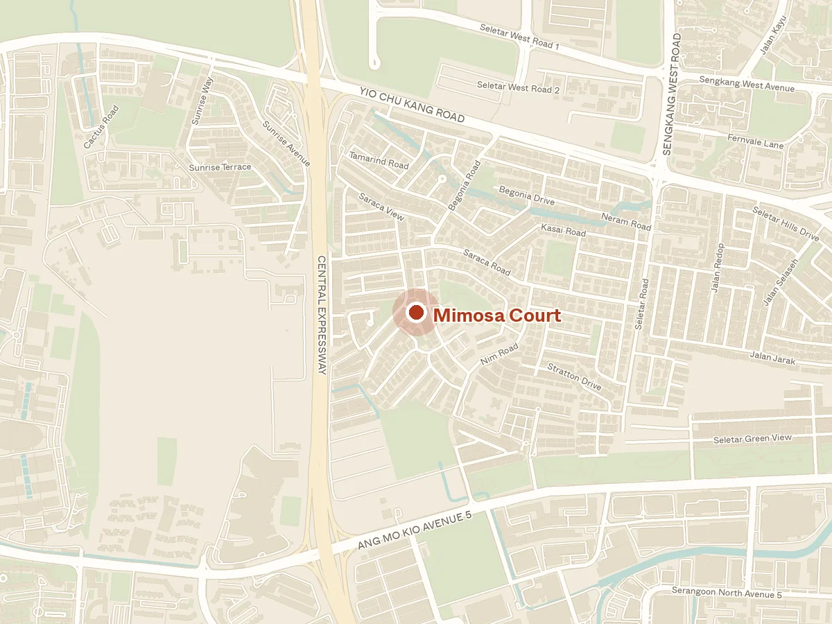 Map of the area around Mimosa Court, with nearby MRT stations and primary schools