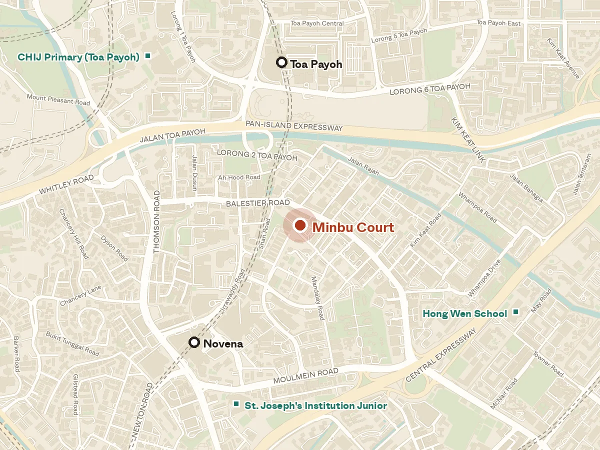 Map of the area around Minbu Court, with nearby MRT stations and primary schools