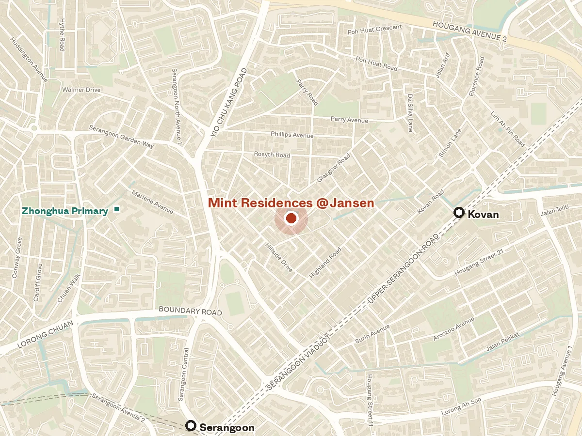 Map of the area around Mint Residences @ Jansen, with nearby MRT stations and primary schools