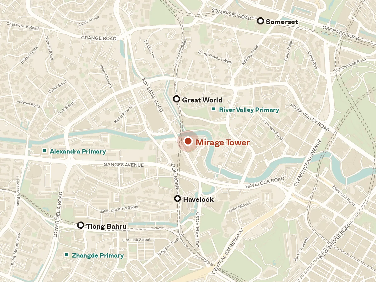 Map of the area around Mirage Tower, with nearby MRT stations and primary schools