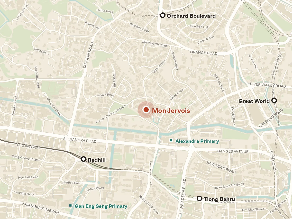 Map of the area around Mon Jervois, with nearby MRT stations and primary schools
