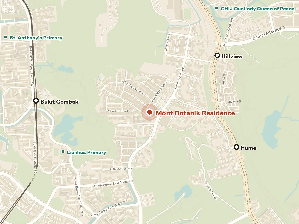 Map of the area around Mont Botanik Residence, with nearby MRT stations and primary schools