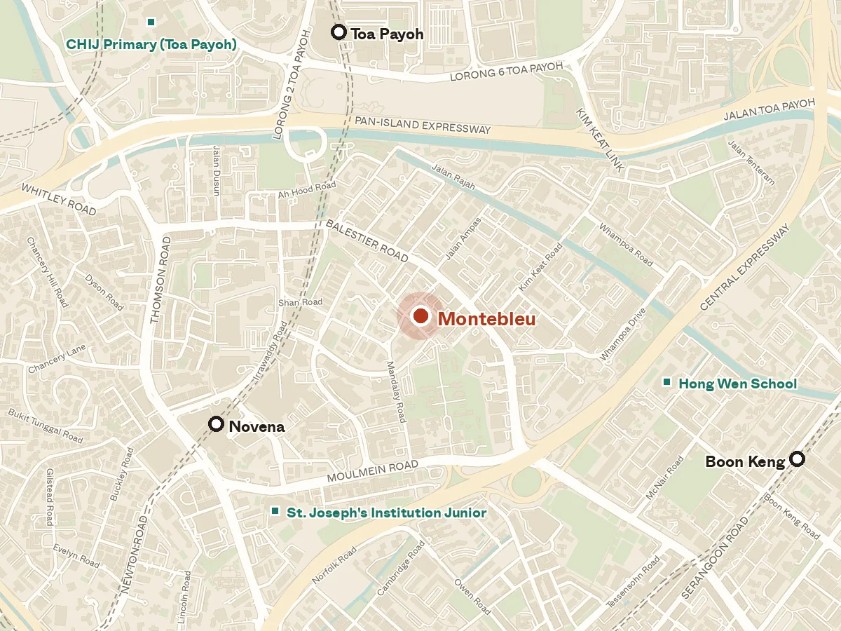 Map of the area around Montebleu, with nearby MRT stations and primary schools