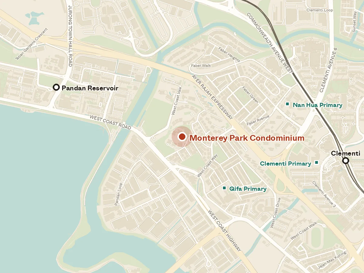 Map of the area around Monterey Park Condominium, with nearby MRT stations and primary schools