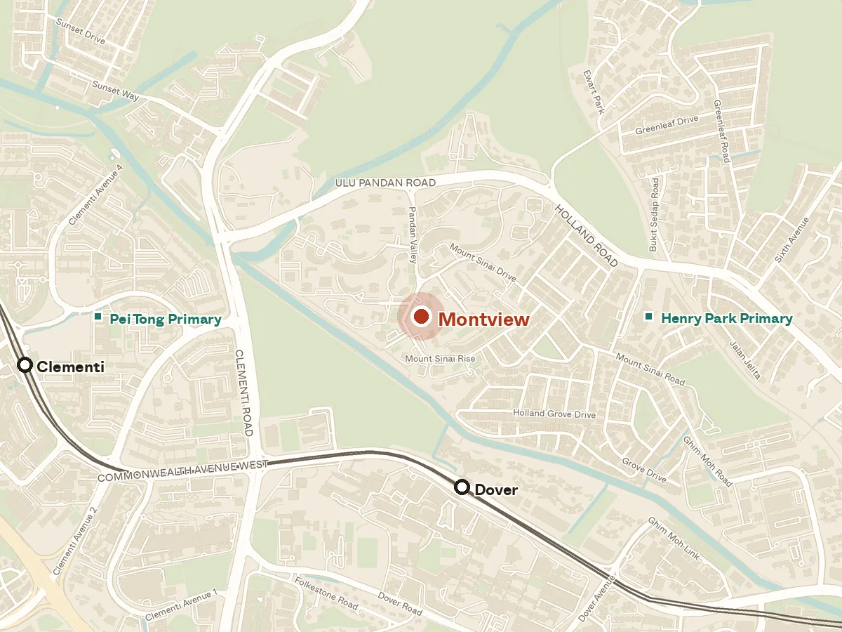 Map of the area around Montview, with nearby MRT stations and primary schools