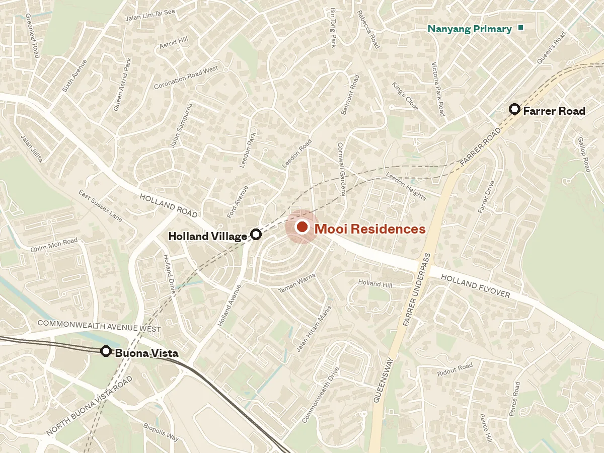 Map of the area around Mooi Residences, with nearby MRT stations and primary schools