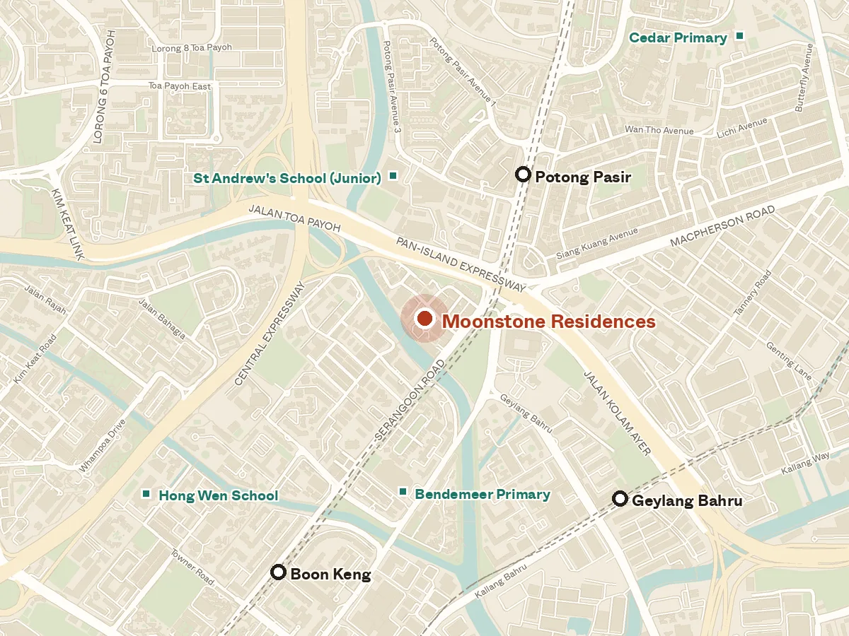 Map of the area around Moonstone Residences, with nearby MRT stations and primary schools