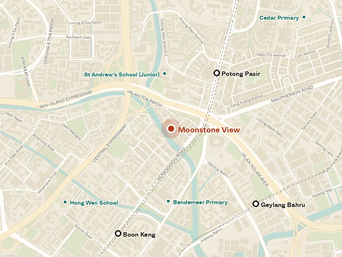 Map of the area around Moonstone View, with nearby MRT stations and primary schools