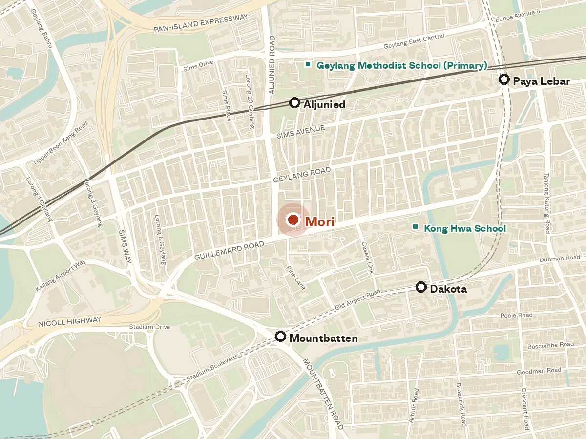 Map of the area around Mori, with nearby MRT stations and primary schools