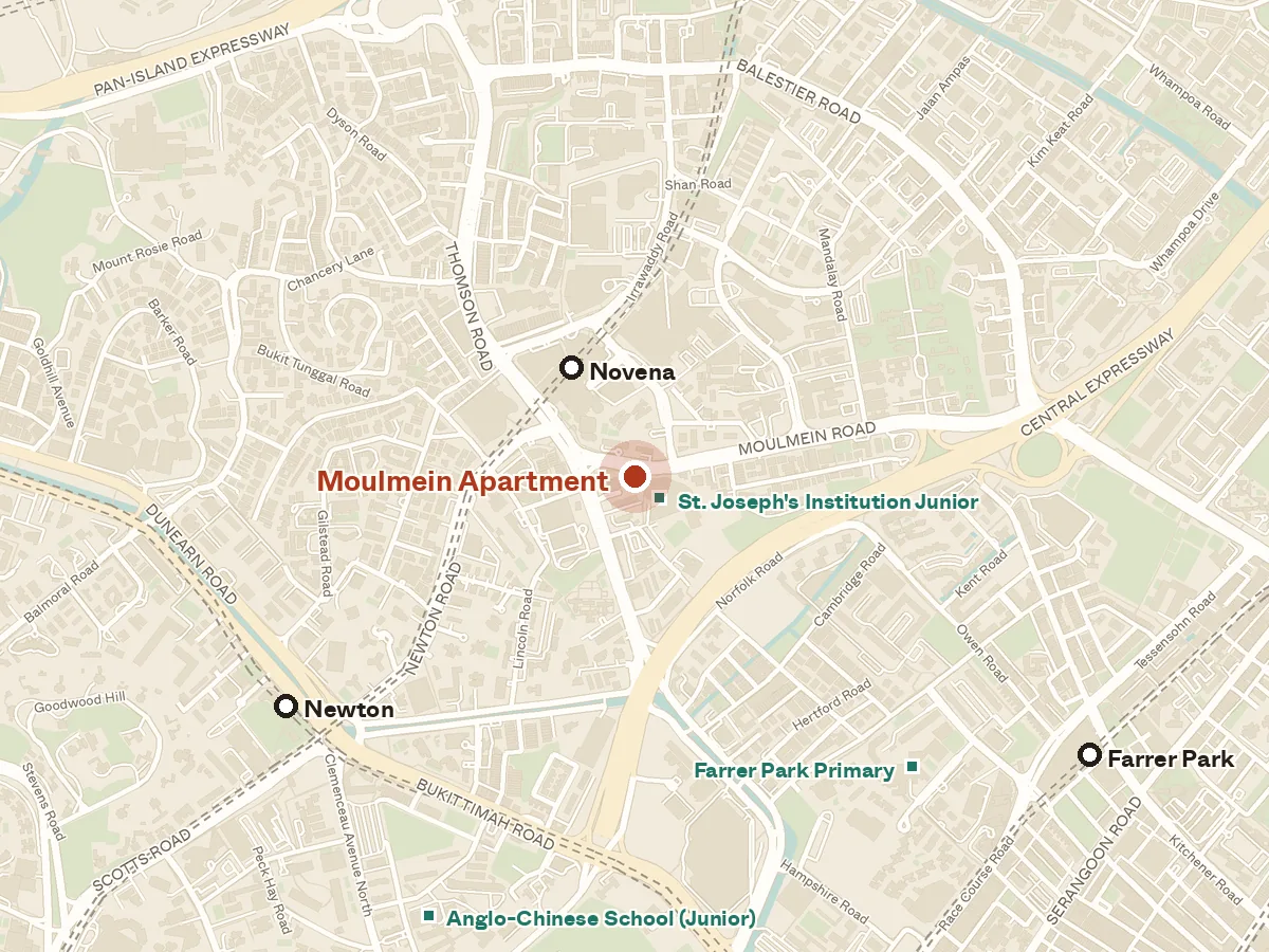 Map of the area around Moulmein Apartment, with nearby MRT stations and primary schools