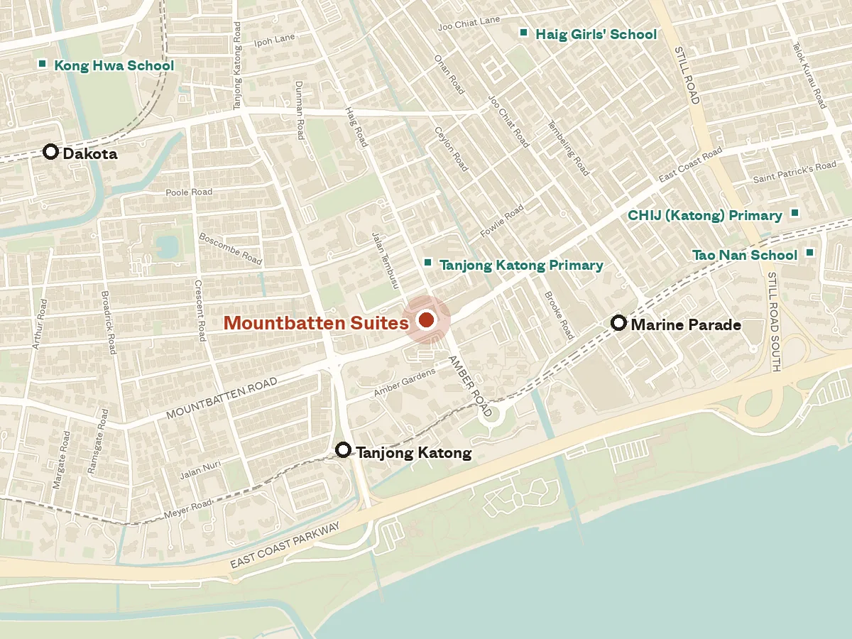 Map of the area around Mountbatten Suites, with nearby MRT stations and primary schools