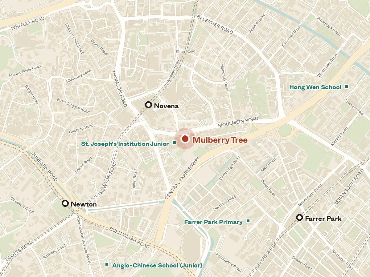 Map of the area around Mulberry Tree, with nearby MRT stations and primary schools