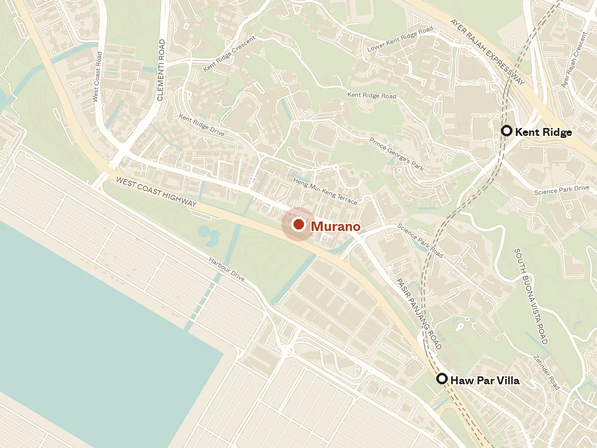 Map of the area around Murano, with nearby MRT stations and primary schools