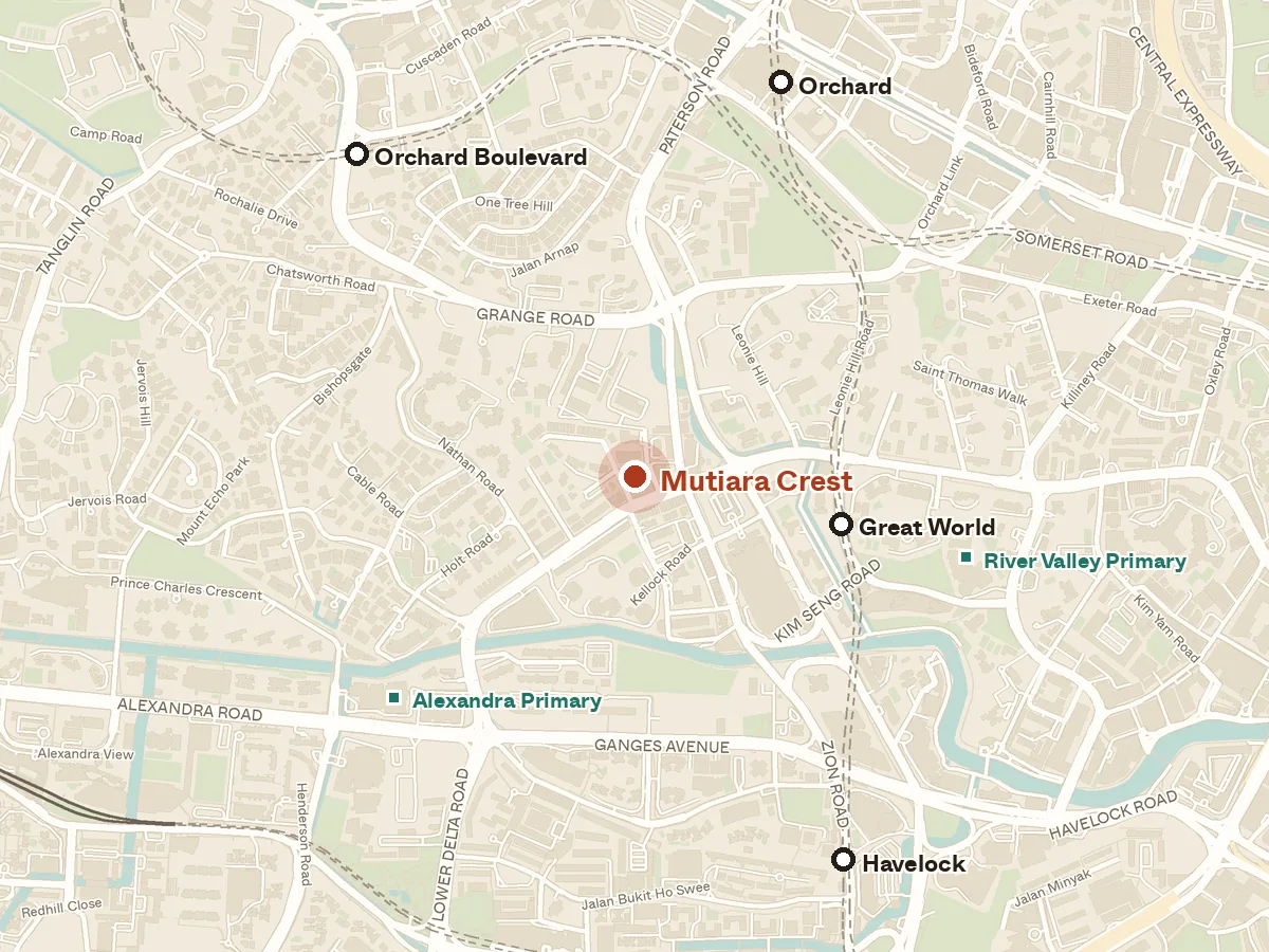 Map of the area around Mutiara Crest, with nearby MRT stations and primary schools