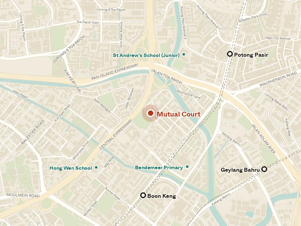 Map of the area around Mutual Court, with nearby MRT stations and primary schools