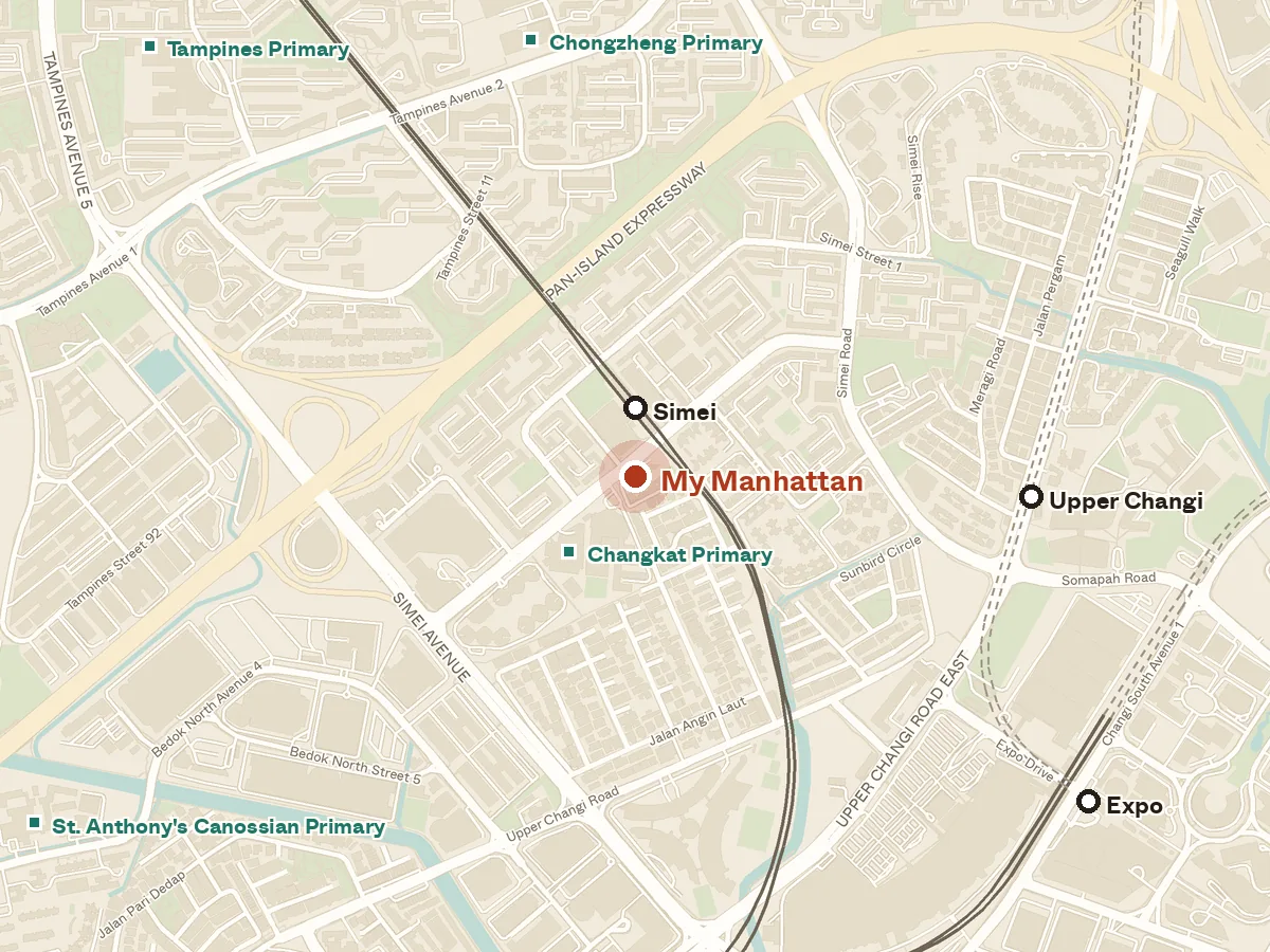Map of the area around My Manhattan, with nearby MRT stations and primary schools