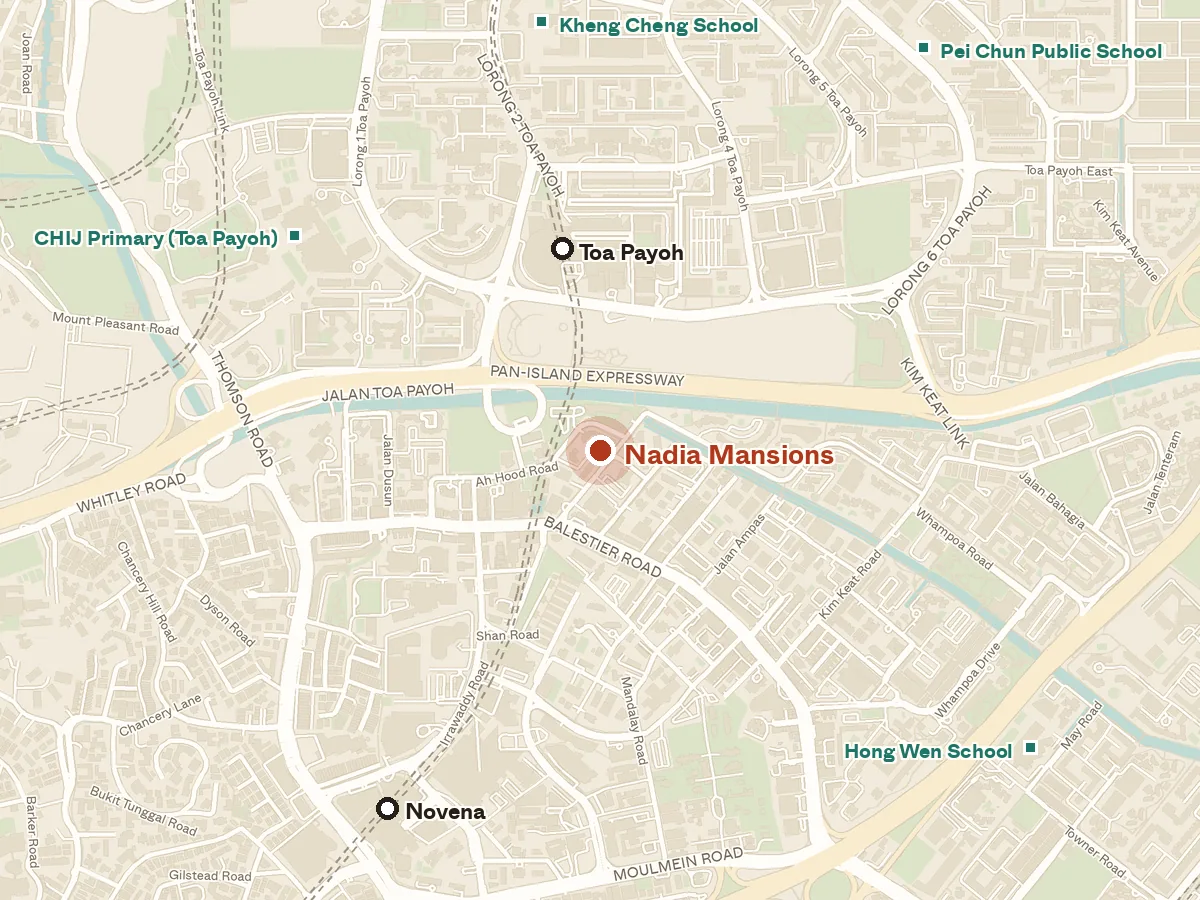 Map of the area around Nadia Mansions, with nearby MRT stations and primary schools