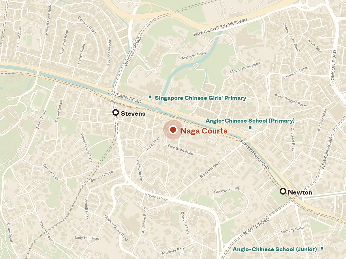 Map of the area around Naga Courts, with nearby MRT stations and primary schools