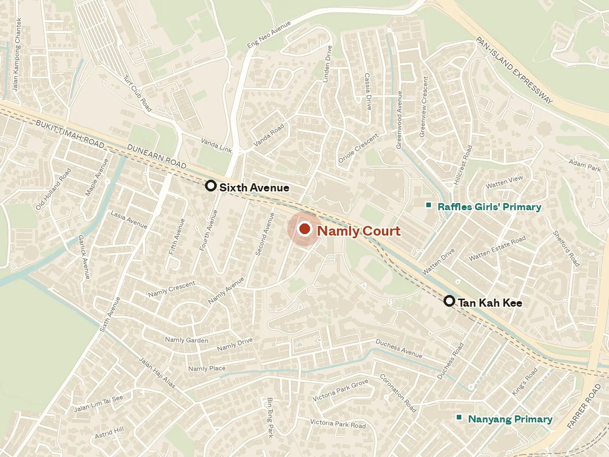 Map of the area around Namly Court, with nearby MRT stations and primary schools