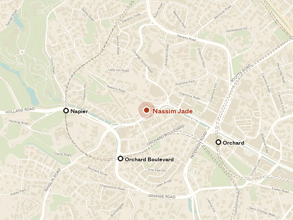 Map of the area around Nassim Jade, with nearby MRT stations and primary schools
