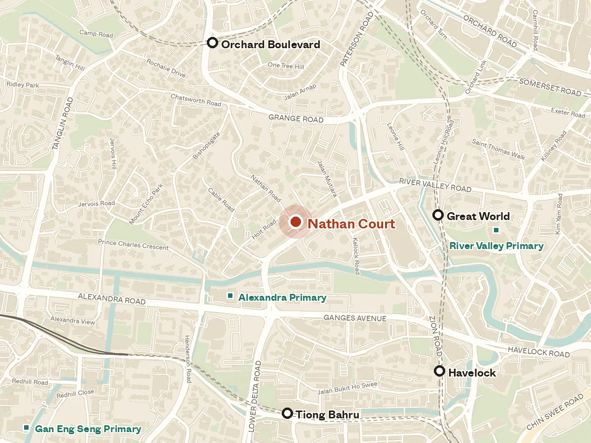 Map of the area around Nathan Court, with nearby MRT stations and primary schools