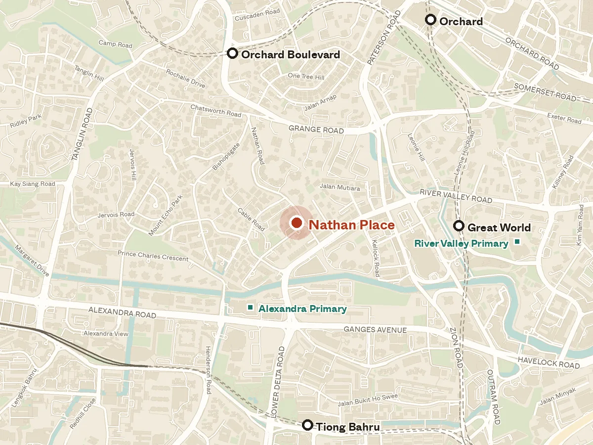 Map of the area around Nathan Place, with nearby MRT stations and primary schools