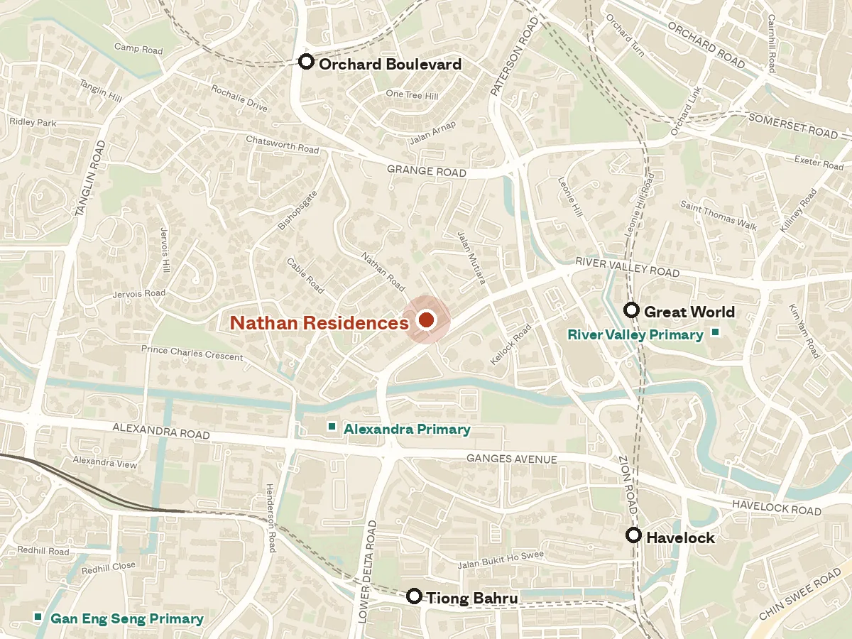Map of the area around Nathan Residences, with nearby MRT stations and primary schools