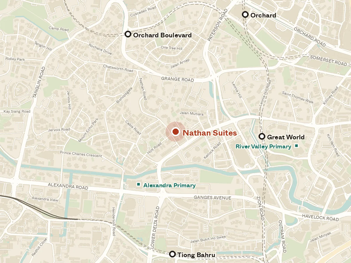 Map of the area around Nathan Suites, with nearby MRT stations and primary schools