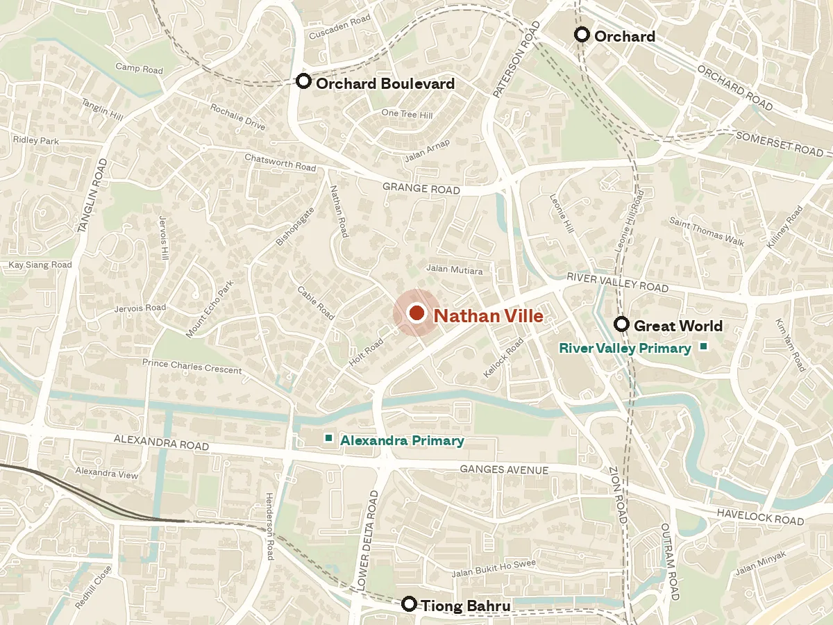 Map of the area around Nathan Ville, with nearby MRT stations and primary schools
