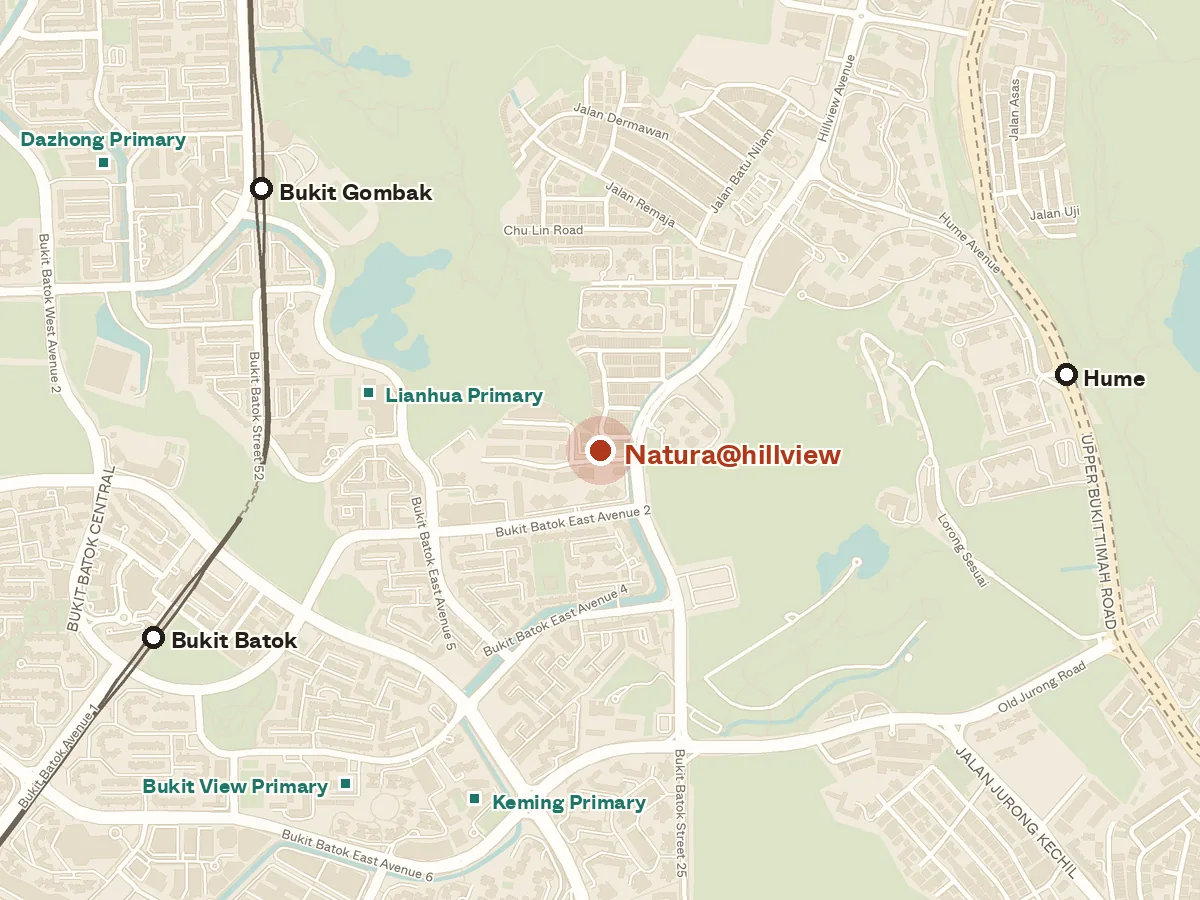 Map of the area around Natura@hillview, with nearby MRT stations and primary schools