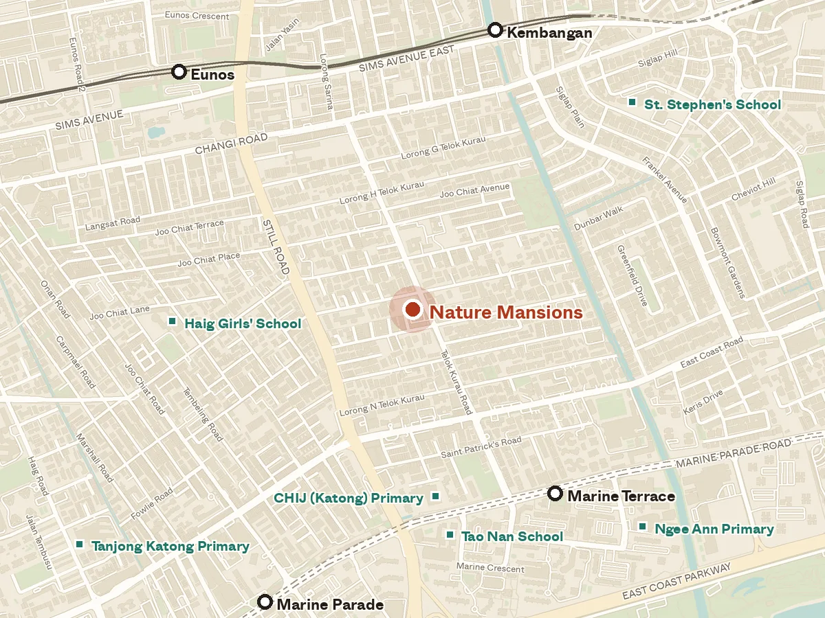 Map of the area around Nature Mansions, with nearby MRT stations and primary schools