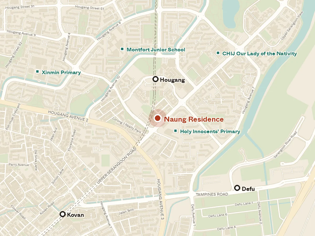 Map of the area around Naung Residence, with nearby MRT stations and primary schools