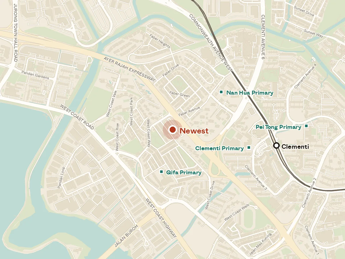 Map of the area around Newest, with nearby MRT stations and primary schools