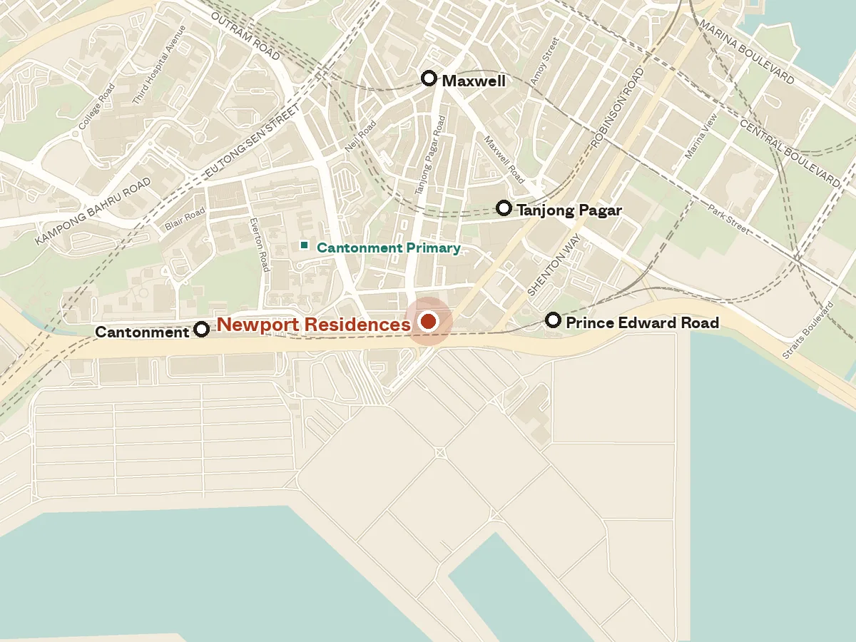 Map of the area around Newport Residences, with nearby MRT stations and primary schools