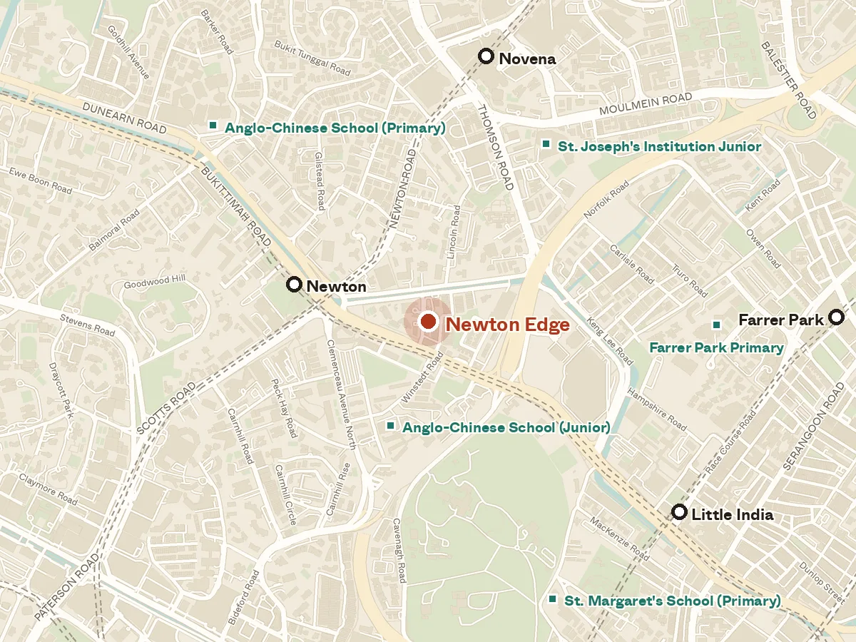 Map of the area around Newton Edge, with nearby MRT stations and primary schools