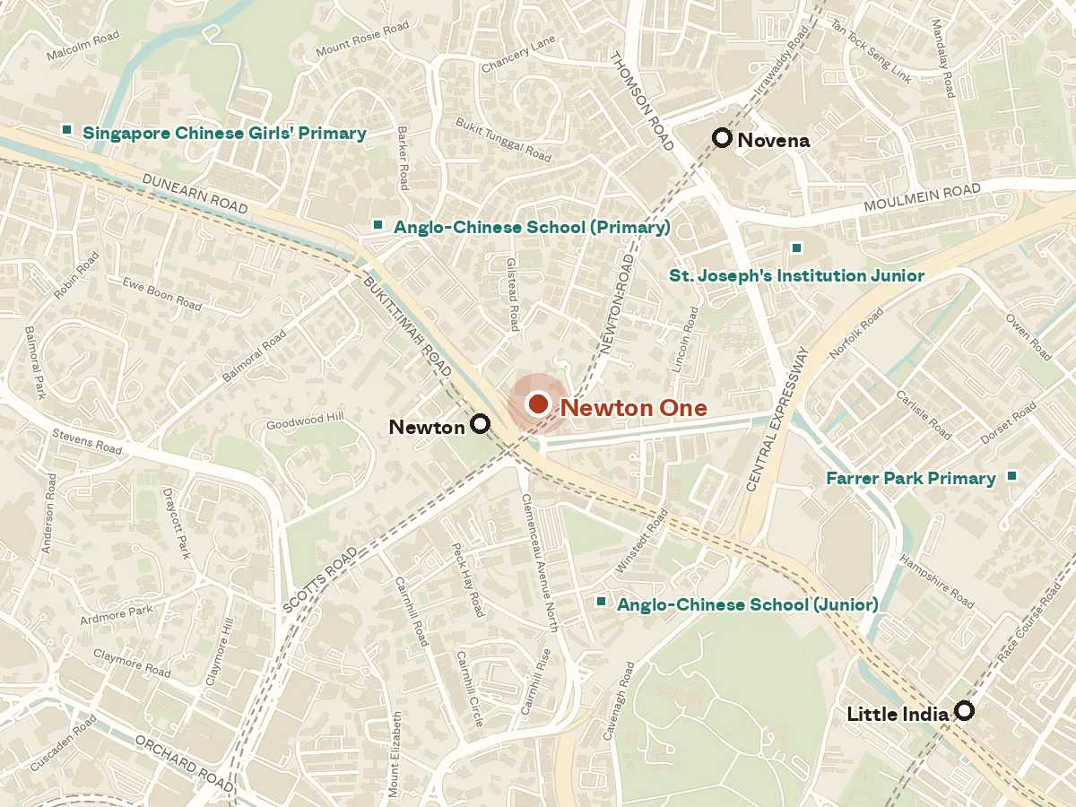 Map of the area around Newton One, with nearby MRT stations and primary schools
