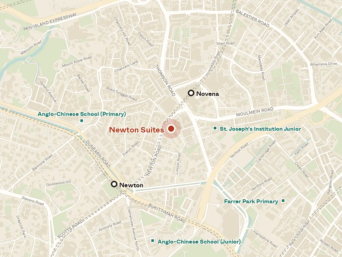 Map of the area around Newton Suites, with nearby MRT stations and primary schools