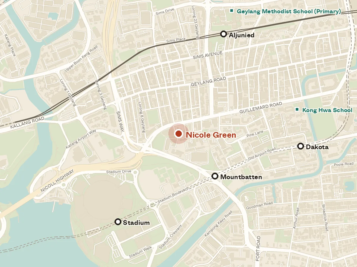 Map of the area around Nicole Green, with nearby MRT stations and primary schools