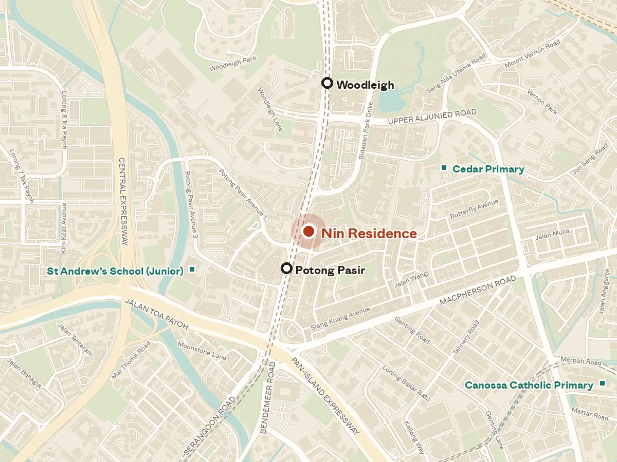 Map of the area around Nin Residence, with nearby MRT stations and primary schools