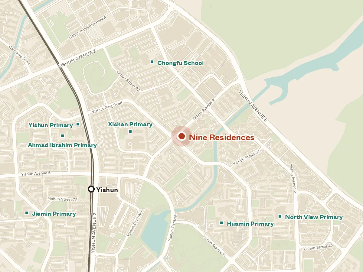 Map of the area around Nine Residences, with nearby MRT stations and primary schools