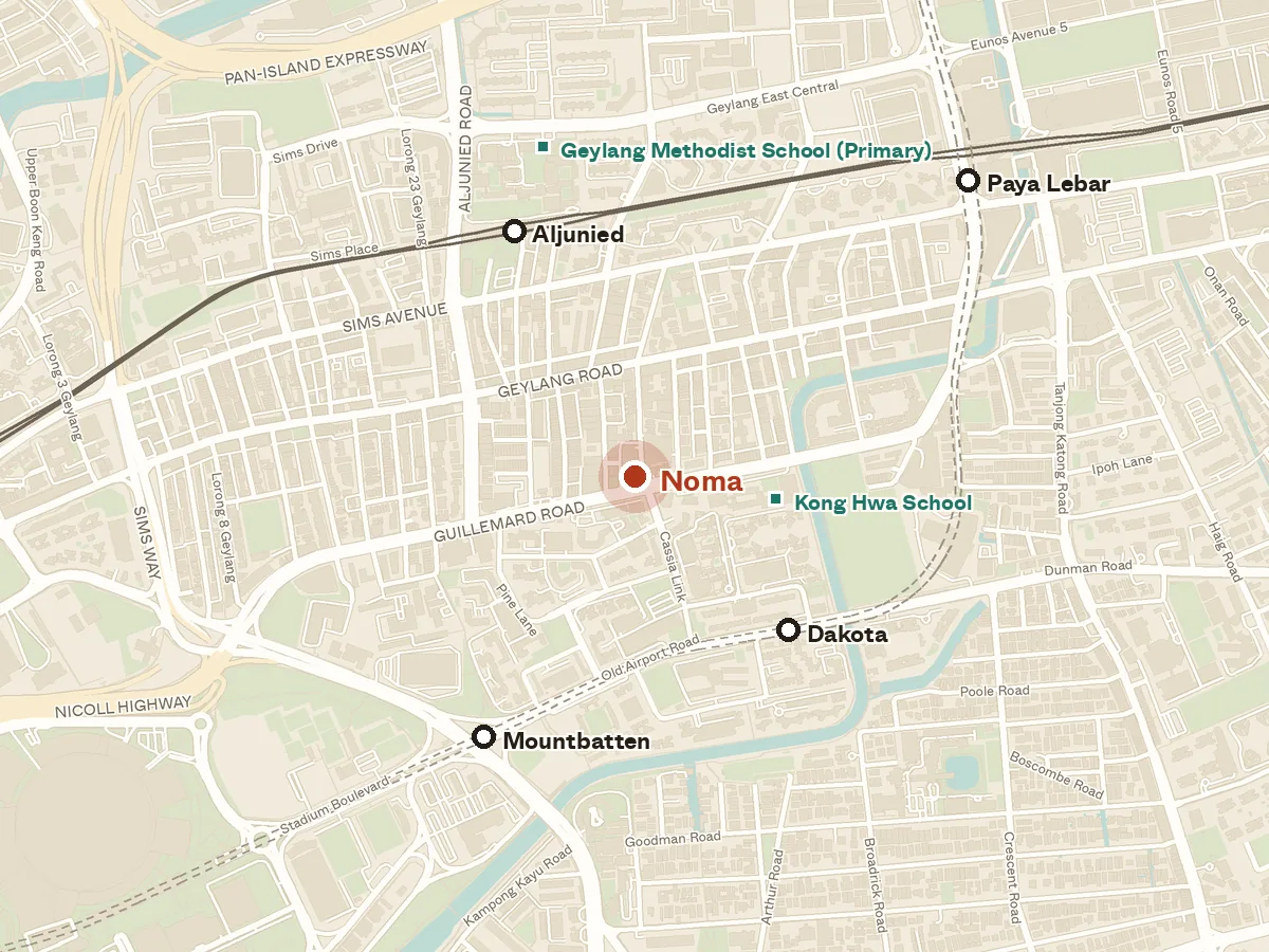Map of the area around Noma, with nearby MRT stations and primary schools