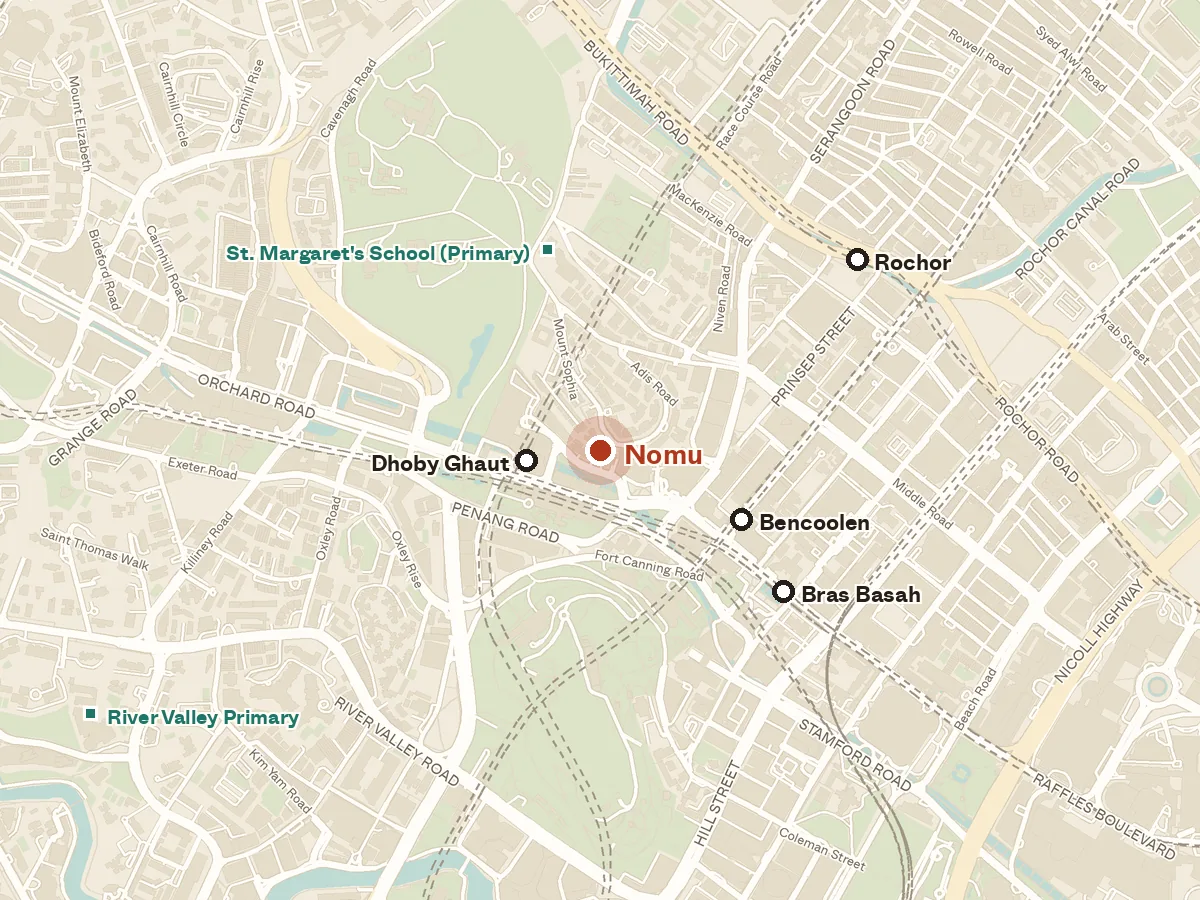 Map of the area around Nomu, with nearby MRT stations and primary schools