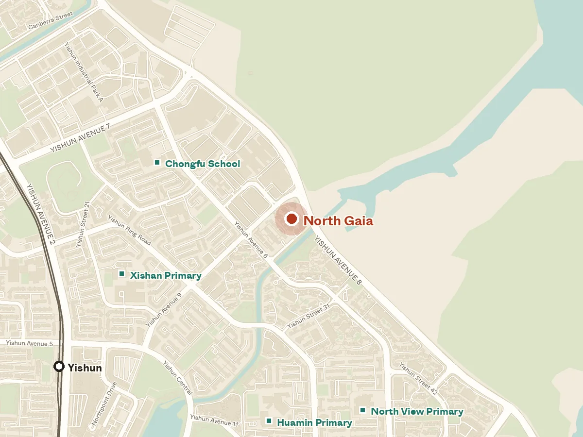 Map of the area around North Gaia, with nearby MRT stations and primary schools