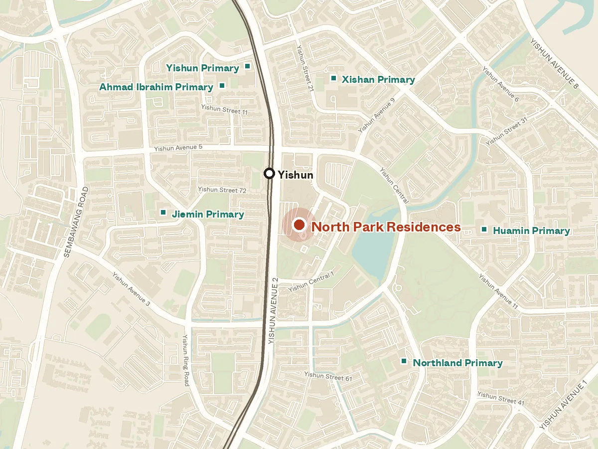 Map of the area around North Park Residences, with nearby MRT stations and primary schools