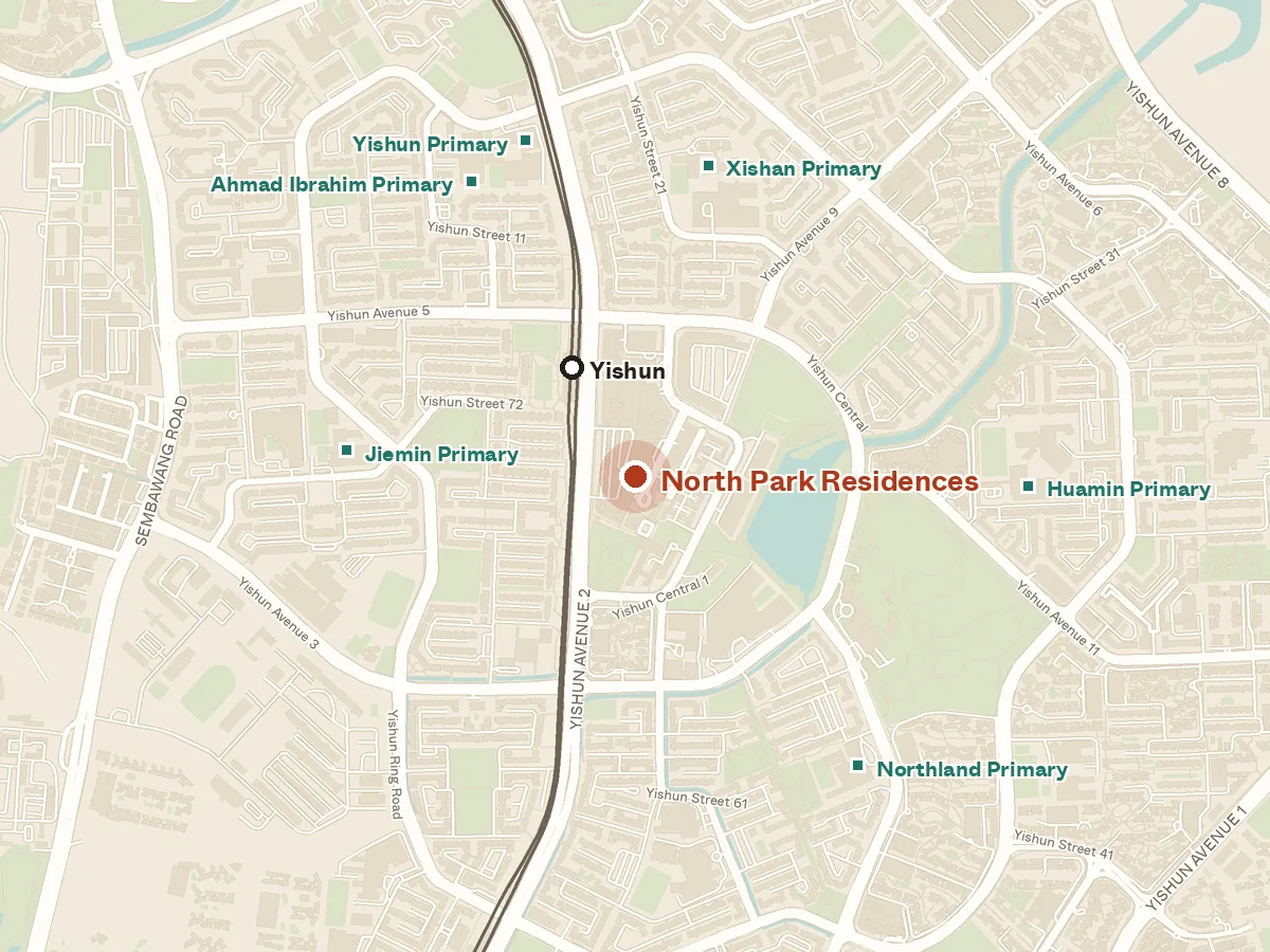 Map of the area around North Park Residences, with nearby MRT stations and primary schools
